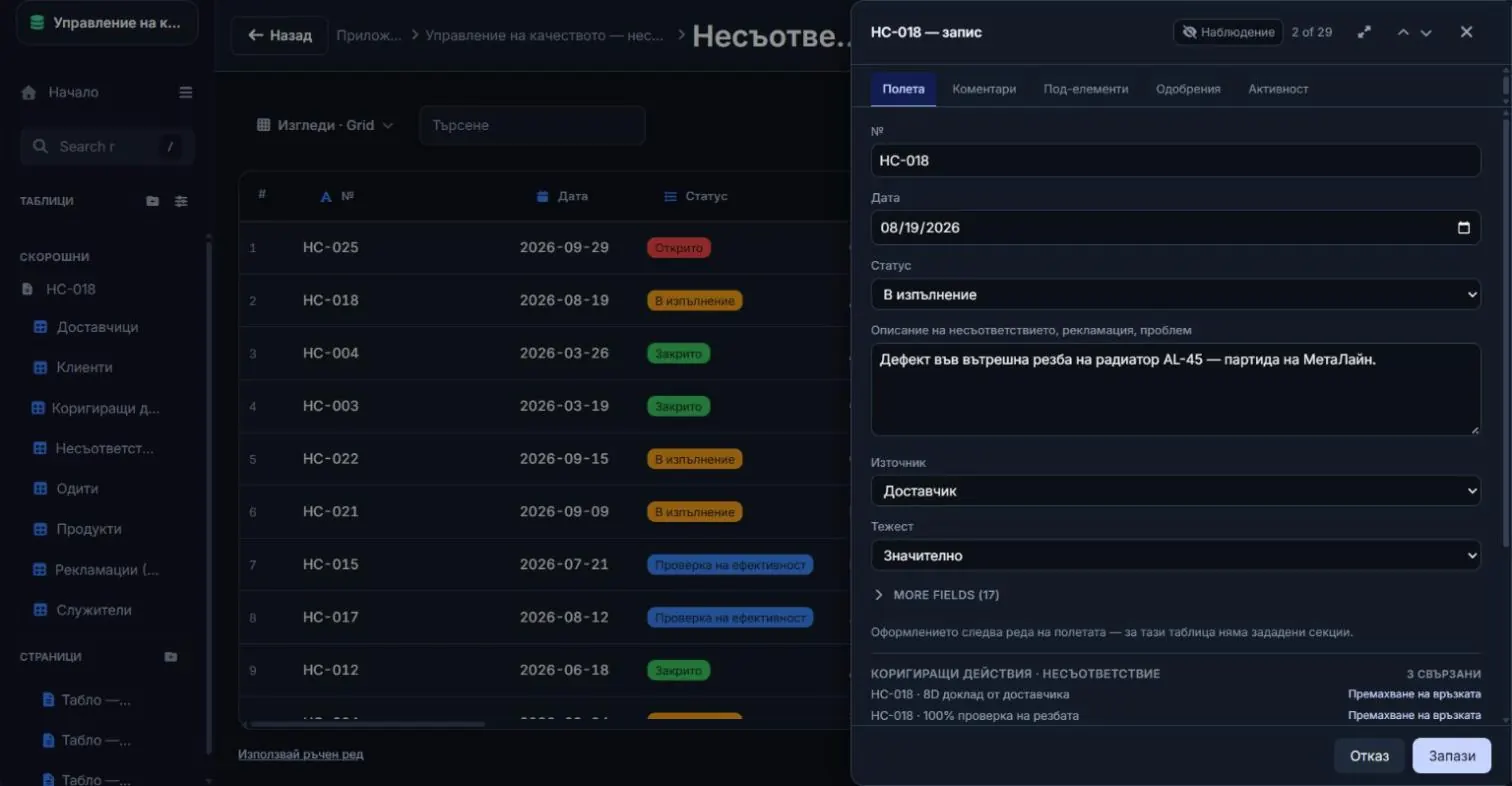 Запис на несъответствие с полетата му и свързаните с него коригиращи действия