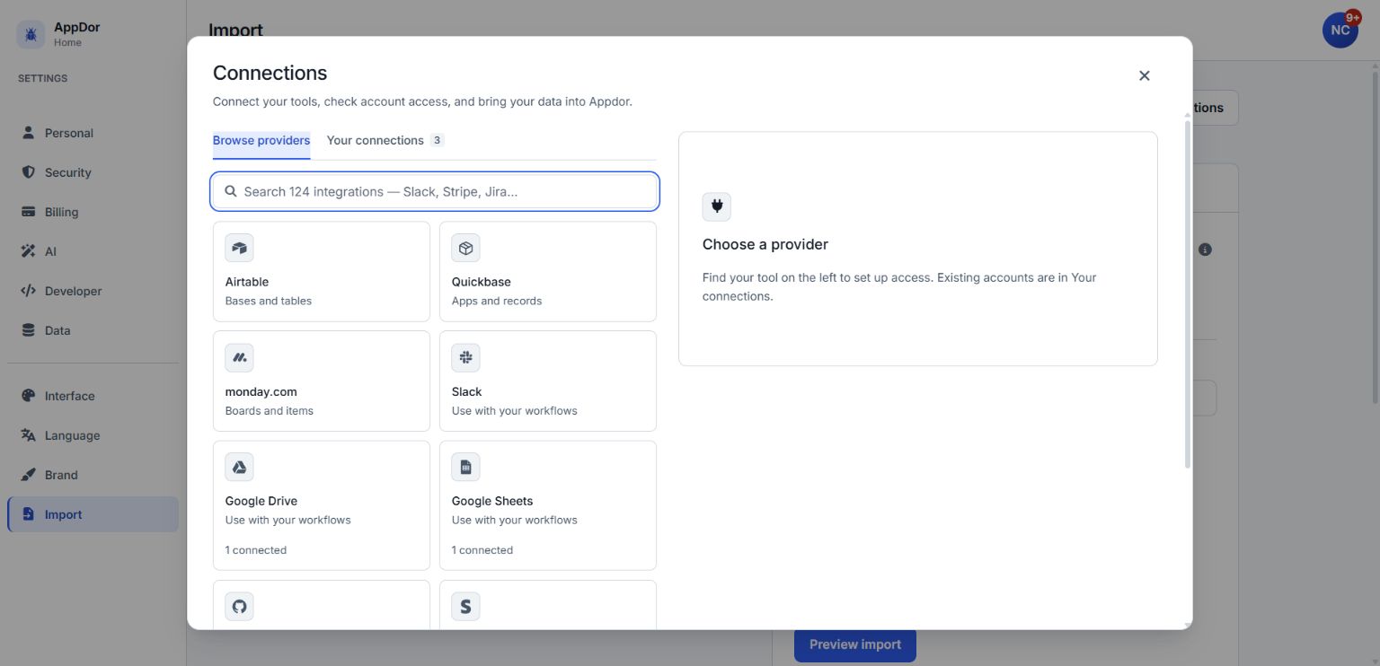 Actual Appdor Connections screen with Airtable under Browse providers