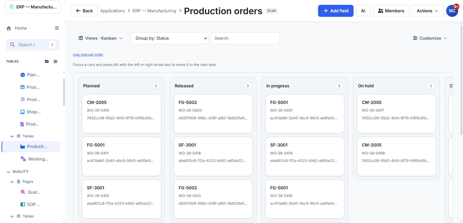 Actual Appdor Kanban view of sample production orders grouped by Status