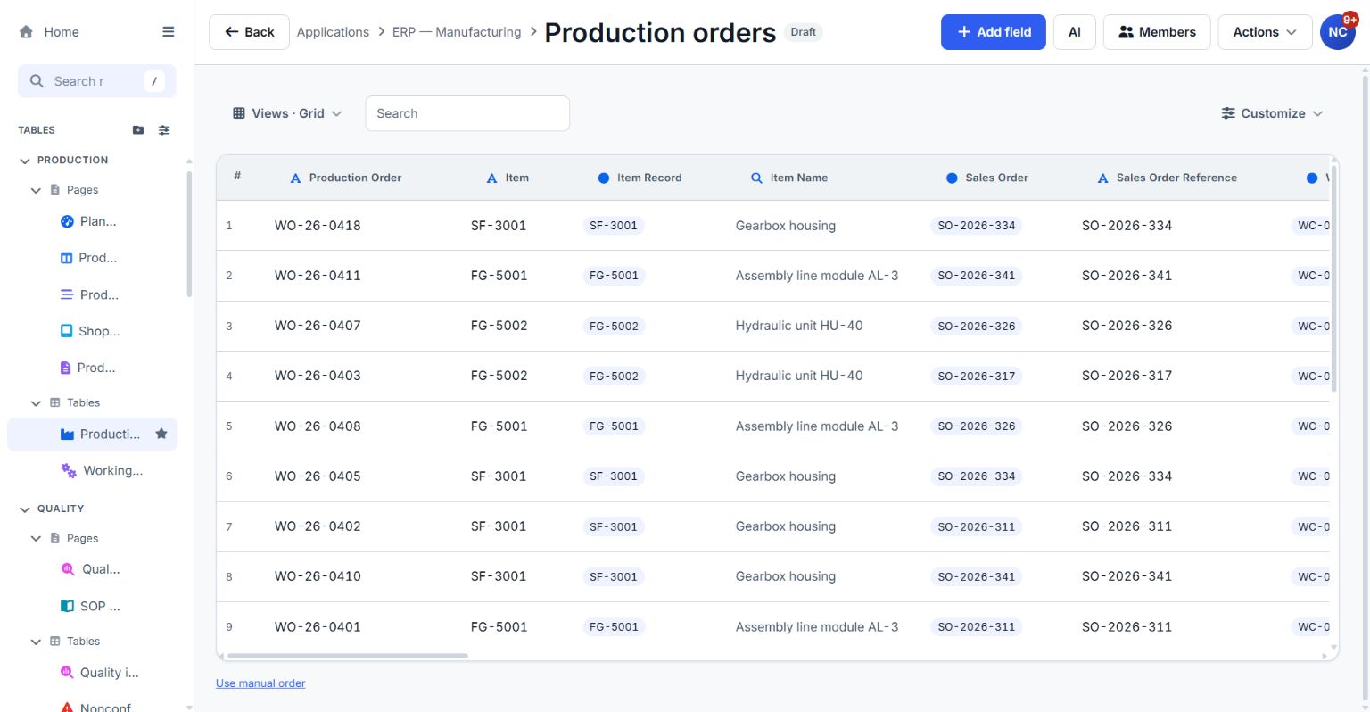 Actual Appdor Production orders grid with sample manufacturing records