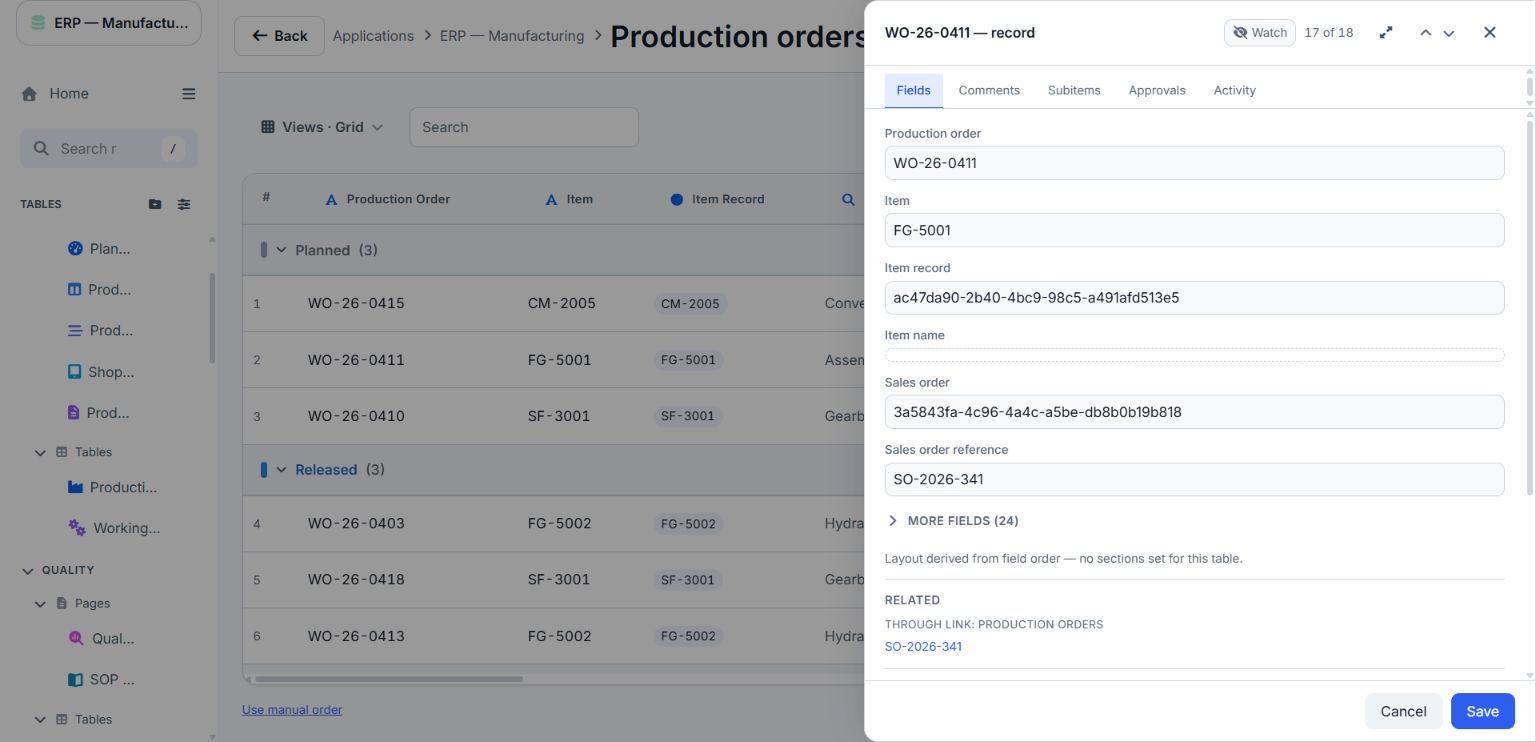 Actual Appdor sample production-order record with Fields and RELATED sections